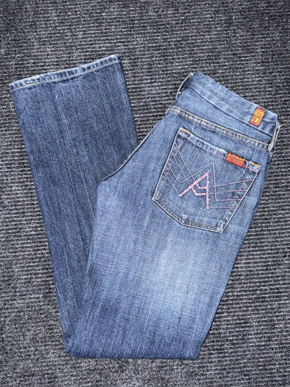RARE VTG 7 For All Mankind Low Rise Pink Bling "A" Pocket Straight Jeans 28 USA